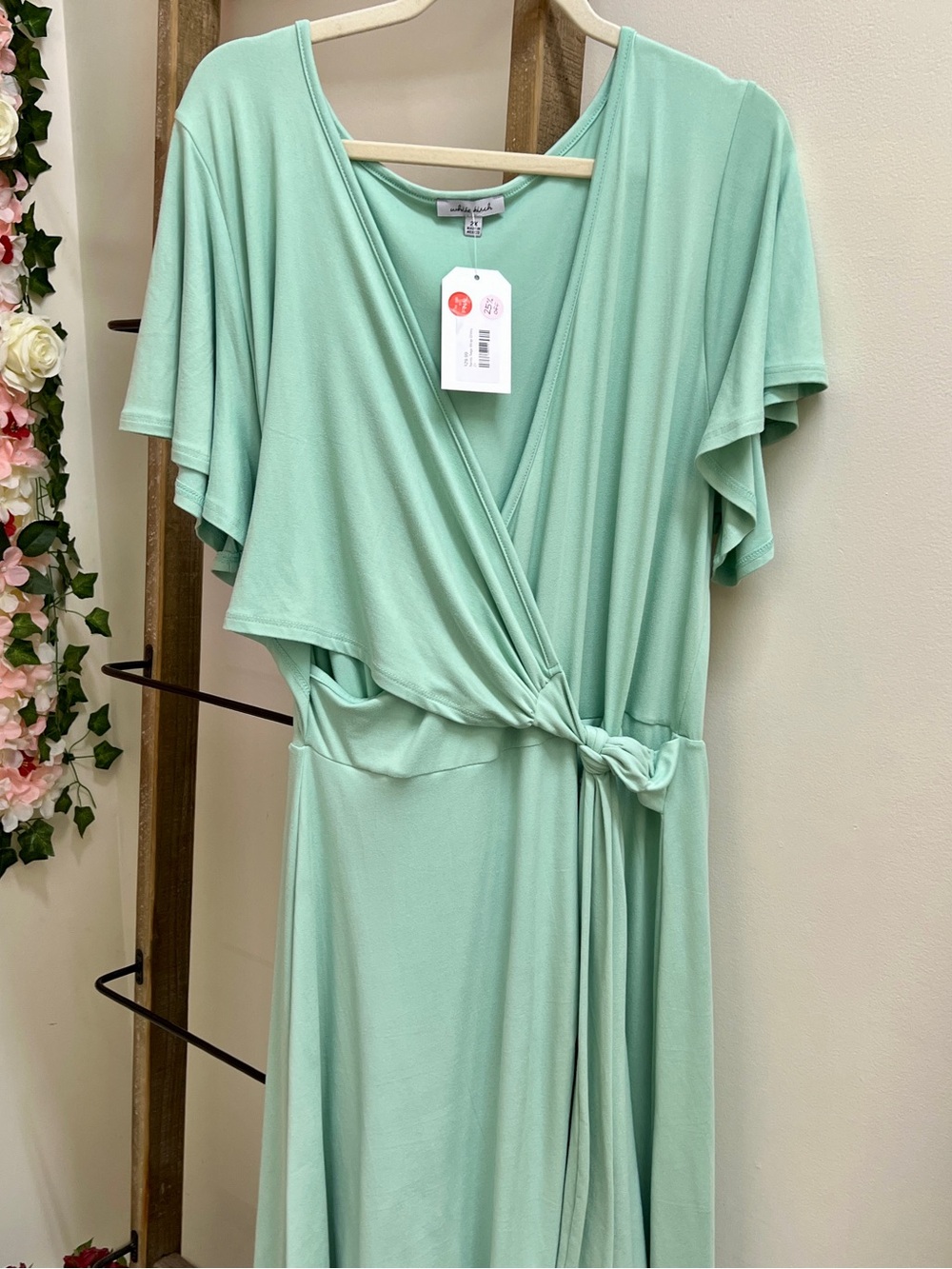 white birch Mint Green Wrap Dress with Tie Waist